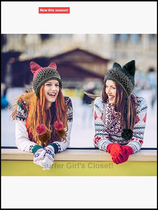Handmade Crochet Cat Ear Beanie with Ear Flap Pompom Y2K Gothic Winter Hat main image 6